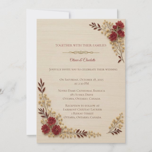 Convite Romântico Bege Floral Convite de Casamento (Frente)