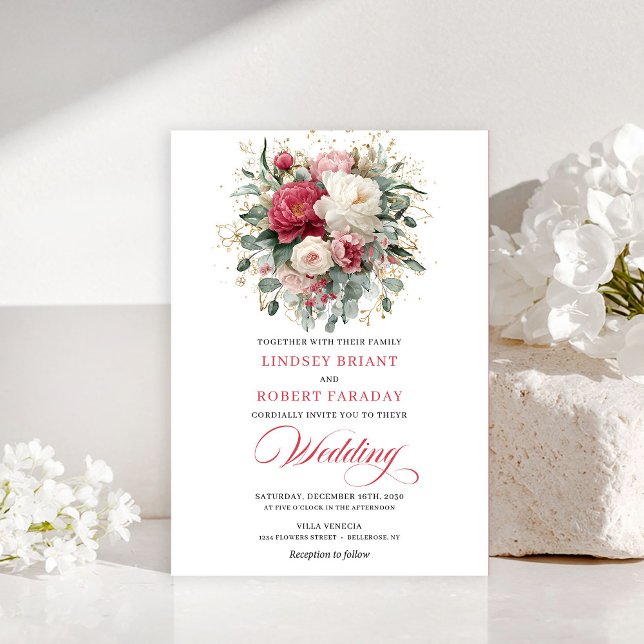 Convite Romântico Boêmio Rubi Vermelho Branco Verd (Romantic Bohemian Ruby Red White Greenery Invitation)