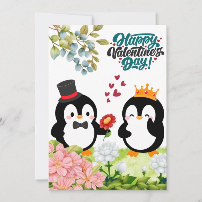 Convite romântico de casal de pinguins (Frente)