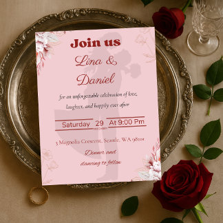 Convite Romântico de Casamento Rosa.