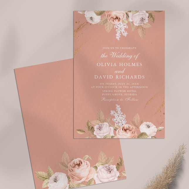 Convite Romântico para Casamento de Península Rosa (Romantic Pink Peony Wedding Invitation on a table)