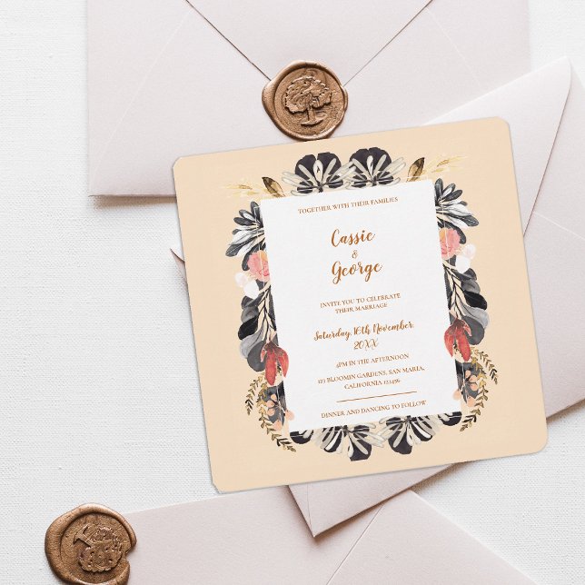 Convite Romântico para Casamento Floral Blush e Pr (Romantic Blush & Black Floral Wedding Invitation)