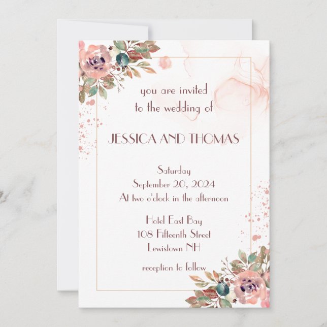 Convite romântico para casamento floral de aquarel (Frente)