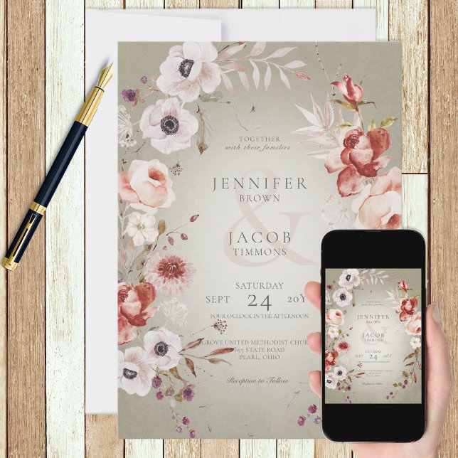 Convite Romântico para Casamento Floral Rosa Verde (Criador carregado)