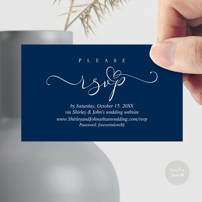 Convite Romântico para Casamento RSVP, via Web (Modern RSVP Wedding Invitation, via Website Enclosure Card, Phone, email, Navy Blue)