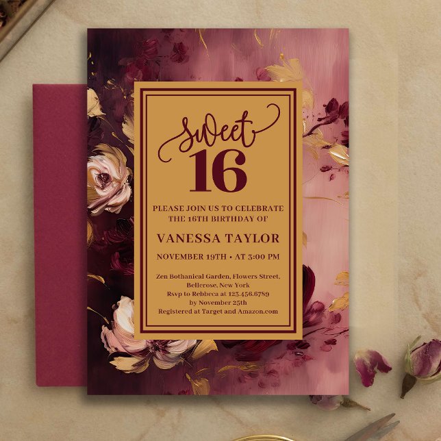 Convite Rosa Árvore Borgonha Dourado Romântico par (Romantic Sweet Sixteen Burgundy Blush Gold Invite)