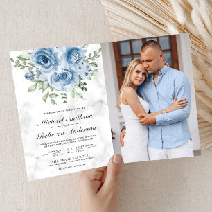 Convite Rosa Azul Empoeirada Foto Mármore Branco Código QR