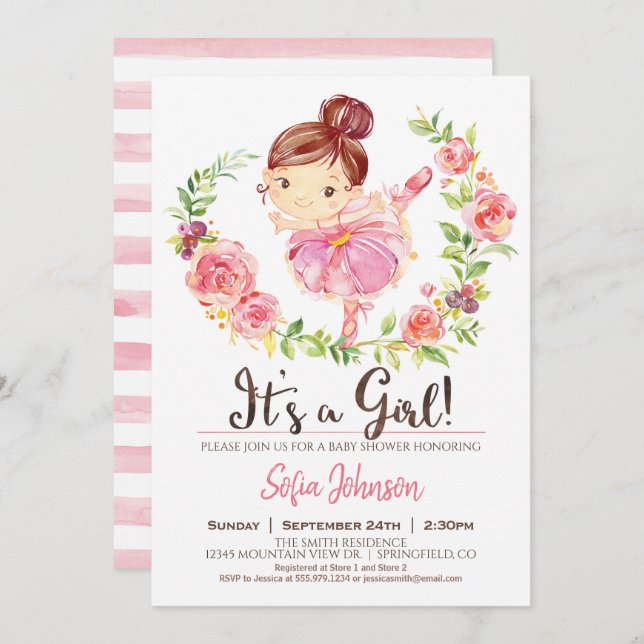 Convite Rosa Ballerina Chá de fraldas (Frente/Verso)