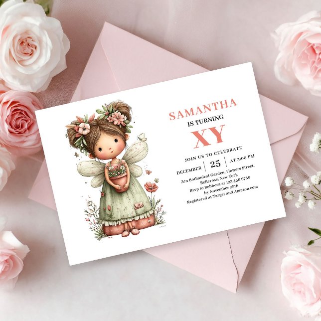 Convite Rosa Bege de Aniversário de Menina Fada Ca (Whimsical Fairy Girl Birthday Blush Pink invitation)
