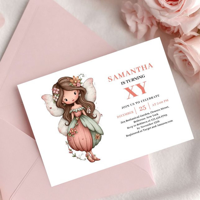 Convite Rosa Bege de Aniversário de Menina Fada De (Soft Fairy Girl Birthday Blush Pink invitation)