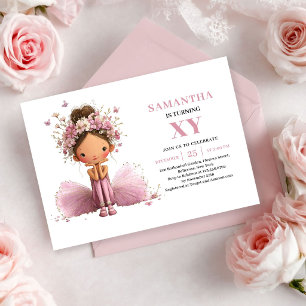 Convite Rosa Bege de Aniversário de Menina Fada Fo