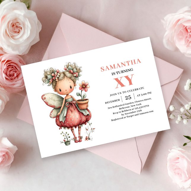 Convite Rosa Bege de Aniversário de Menina Fada Má (Whimsical Cute Fairy Girl Pastel Pink Floral invitation)