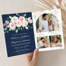 Rosa Bege Floral Azul Marinho Código QR Casamento