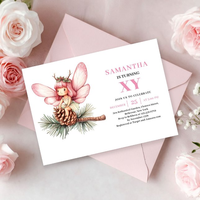 Convite Rosa Bege para 4º Aniversário da Menina Fa (Magical Fairy Girl 4th Birthday Pink Blush invitation)