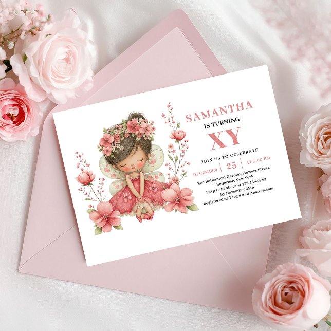 Convite Rosa Bege para 4º Aniversário da Menina Fa (Whimsy Fairy Girl 4th Birthday Blush Pink Invitation)
