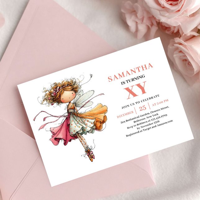 Convite Rosa Bege para 5º Aniversário da Encantado (Charming Fairy Girl 5th Birthday Blush Pink invitation)