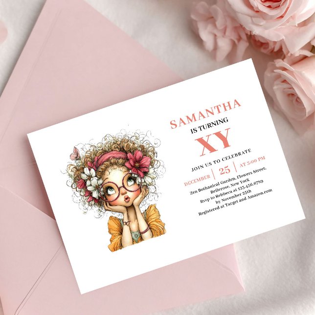 Convite Rosa Bege para o 8º Aniversário da Menina  (Angelic Fairy Girl 8th Birthday Blush Pink invitation)
