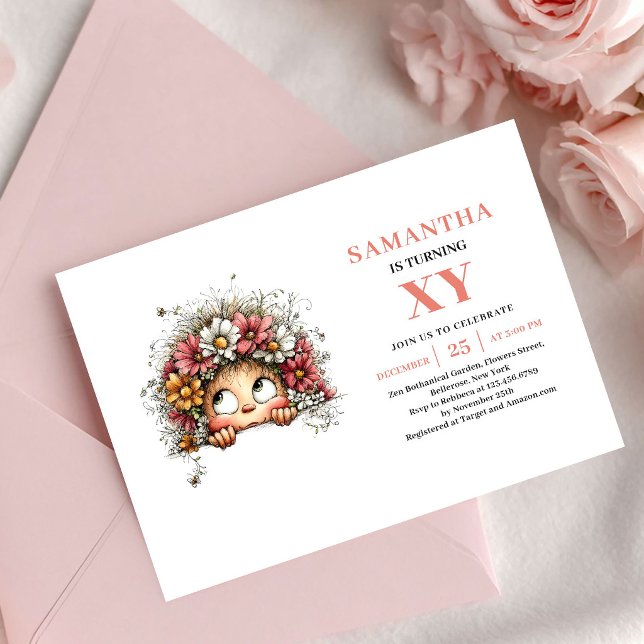 Convite Rosa Caprichoso para 7º Aniversário da Men (Fairy Girl 7th Birthday Whimsical Pink invitation)