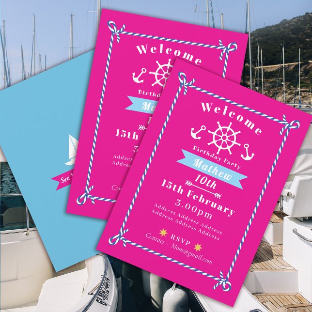 Convite Rosa de Aniversário da Corda Náutica (Nautical Rope Birthday Invitation Pink Card.)