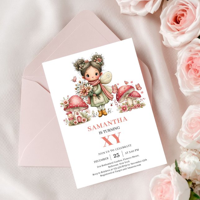 Convite Rosa de Aniversário de 5 Anos da Fada Flor (Cute Floral Fairy 5th Birthday Pink Invitation)