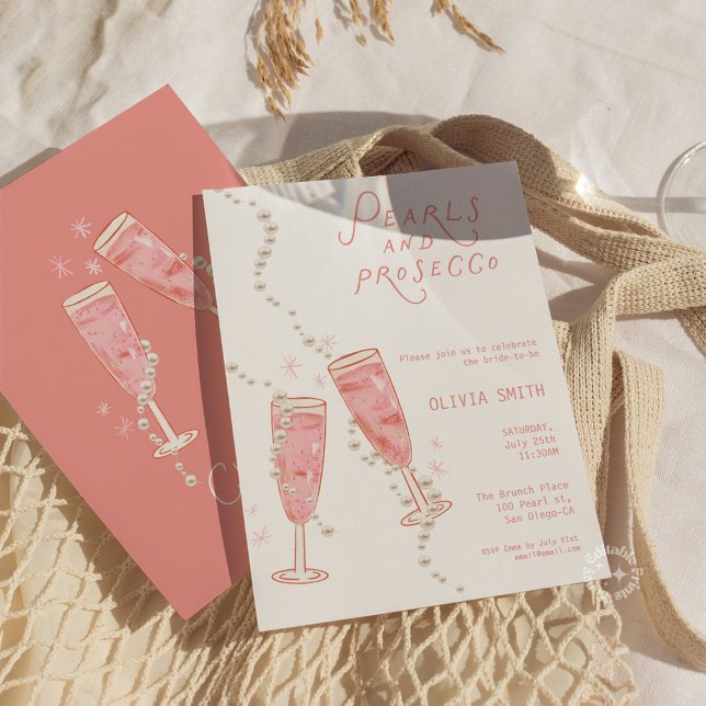 Convite Rosa de Chá de Noiva Pérolas e Prosecco (Pearls and Prosecco Bridal Shower Pink Invite)