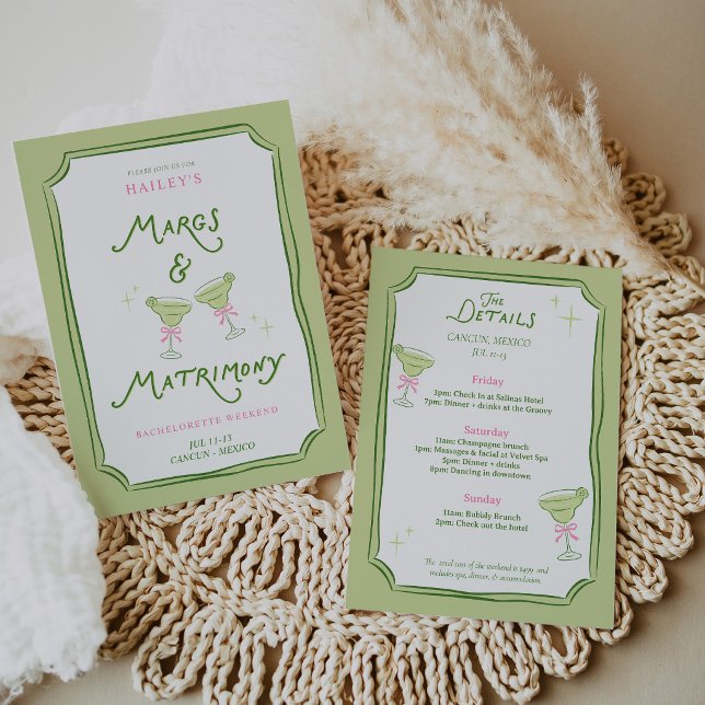Convite Rosa de Despedida de Solteira Margs & Matr (Margs & Matrimony Bachelorette Pink Itinerary Invitation)
