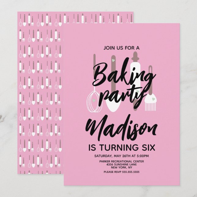 Convite Rosa de Festa de aniversário de cozinheiro (Frente/Verso)