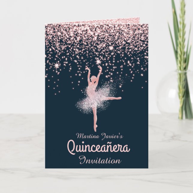 Convite Rosa de Fotografia Personalizada - Glitter Quincea (Frente)