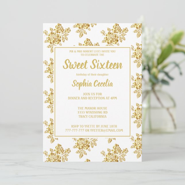 Convite Rosa Dourado Brilhante Sweet 16 (Em pé/Frente)