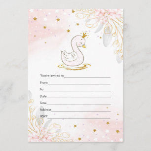 Convite rosa dourado cisne aquarela para preencher