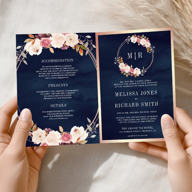 Convite Rosa Dourado Rosa Floral Código QR Casamento Azul- (Criador carregado)