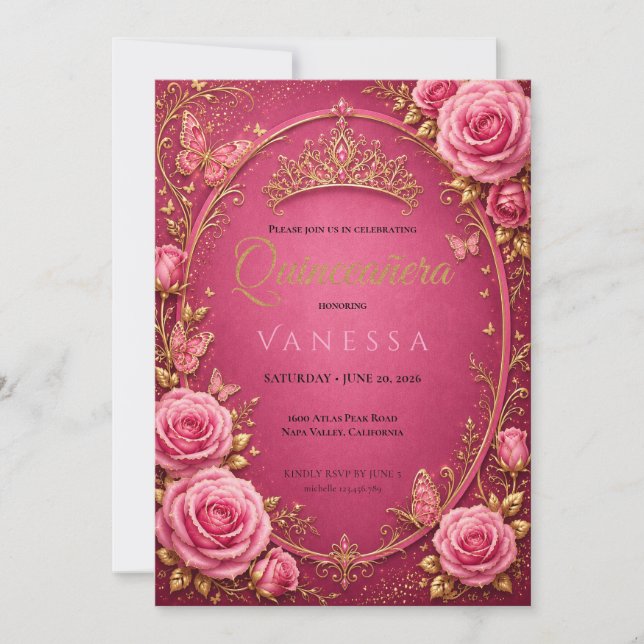 Convite Rosa e Dourado de Quinceanera (Frente)