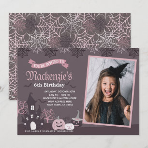 Convite Rosa e Preto do Halloween com Foto