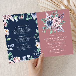 Convite Rosa Empoeirado Floral Azul Marinho Código QR Casa