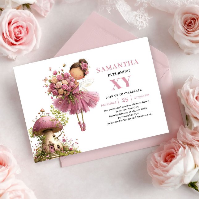 Convite Rosa Empoeirado para 3º Aniversário da Gar (Magical Fairy Girl 3rd Birthday Dusty Pink invitation)