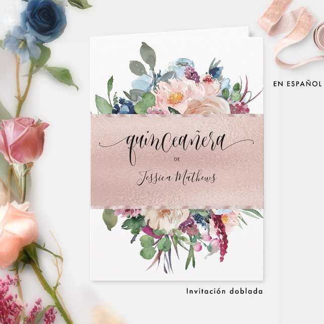 Convite Rosa Espanhola Elegante, Quinceañera, Dobrada (Criador carregado)