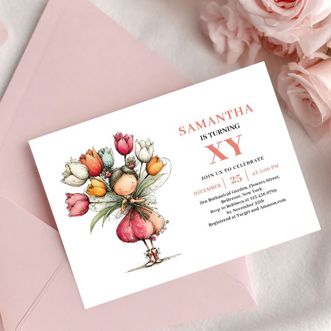 Convite Rosa Fantasia para 4º Aniversário da Menin (Fairy Girl 4th Birthday Whimsy Pink invitation)