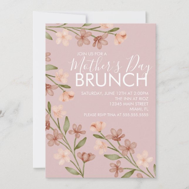 Convite Rosa Floral para Brunch do Dia das Mães (Frente)