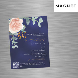 Convite Rosa ouro floral marinho azul QR RSVP casamento lu