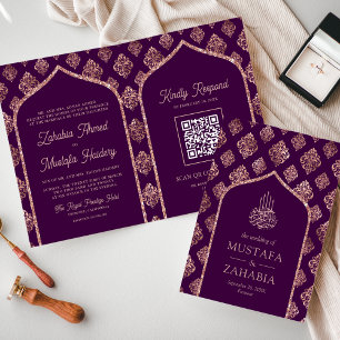 Convite Rosa Ouro Roxo Escuro Damasco Arco Código QR Muçul