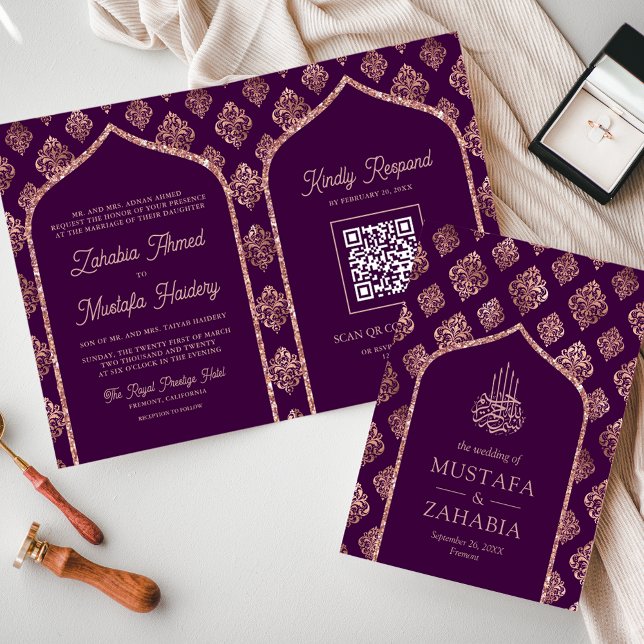 Convite Rosa Ouro Roxo Escuro Damasco Arco Código QR Muçul (Criador carregado)