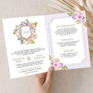 Convite Rosa Pastel Roxo Floral Tudo em Um Crest Casamento