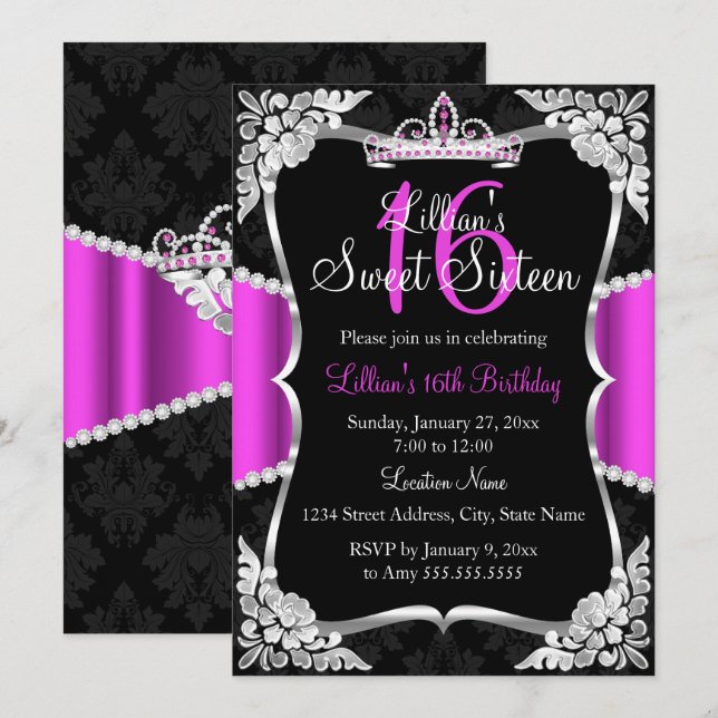 Convite Rosa Quente Preto Prata Coroa Sweet 16 (Frente/Verso)