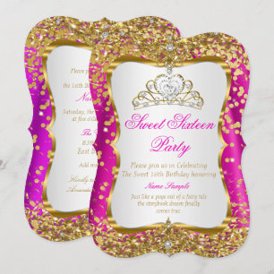 Convite Rosa Quente Tiara Princesa Doce 16 Dourado