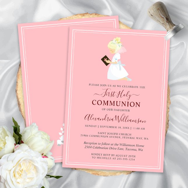 Convite Rosa Rosa de Primeira Comunhão (First Communion Blonde Girl Pink Invitation)