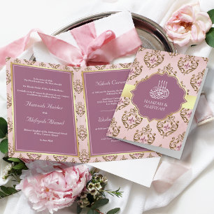 Convite Rosa Roxo Dourado Damask Casamento Muçulmano Retrô