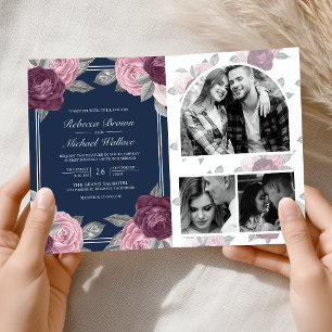 Convite Rosa Roxo Empoeirado Código QR Casamento Azul Mari