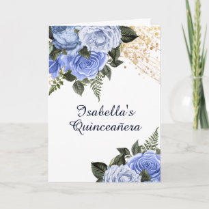 Convite Rosas Azuis Brilho Dourado Quinceañera Foto