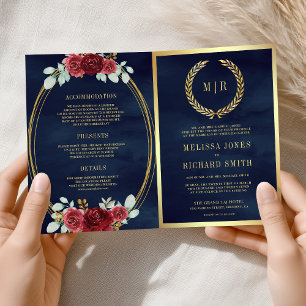 Convite Rosas Burgundy All in One Código QR Casamento Navy