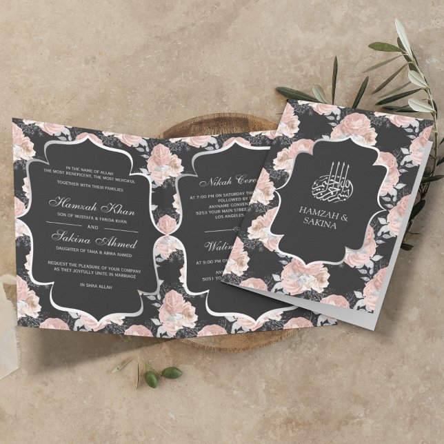 Convite Rosas Cinza Rústico e Rosa Bege Casamento Muçulman (Criador carregado)